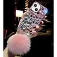 thumbnail image 1 of Compatible with iPhone 14 Bling Case Luxury 3D Sparkle Diamond Crystal Rhinestones for Women Girls Glitter Case with Cute Furry Plush Ball Pendant Soft TPU Bumper Shiny Gemstone Cover, 1 of 14