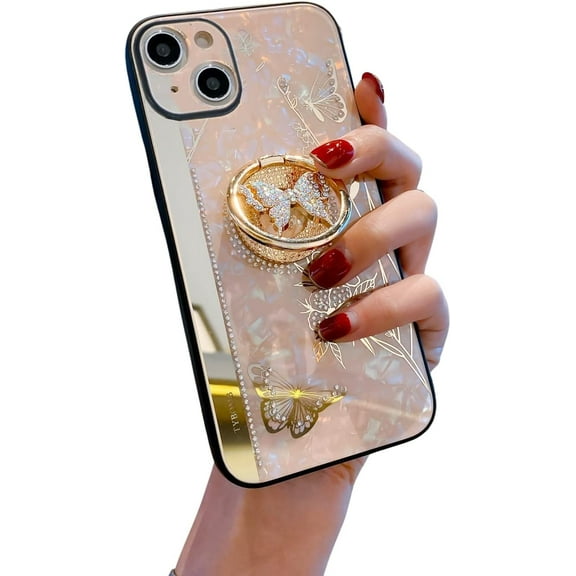 Compatible with iPhone 14 Butterfly Case for Women, Cute Bling Luxury Design Kickstand Ring Strap Shockproof Protective Cover for iPhone 14 6.1 inch - Rose Gold