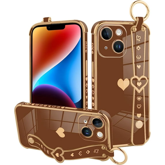 Compatible with iPhone 14 Case 6.1 Inch Cute Heart Pattern for Women Girls Soft Plating Bumper Anti-Scratch Protective Cover with Wrist Strap Band Kickstand Holder-Brown