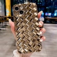 thumbnail image 1 of Compatible with iPhone 14 Case-6.1 Inch, Fashion 3D Woven Pattern Plating Phone Case, Grid Printed case for Women Girls Soft Silicone Shockproof Camera Protective Back Cover-Gold, 1 of 15