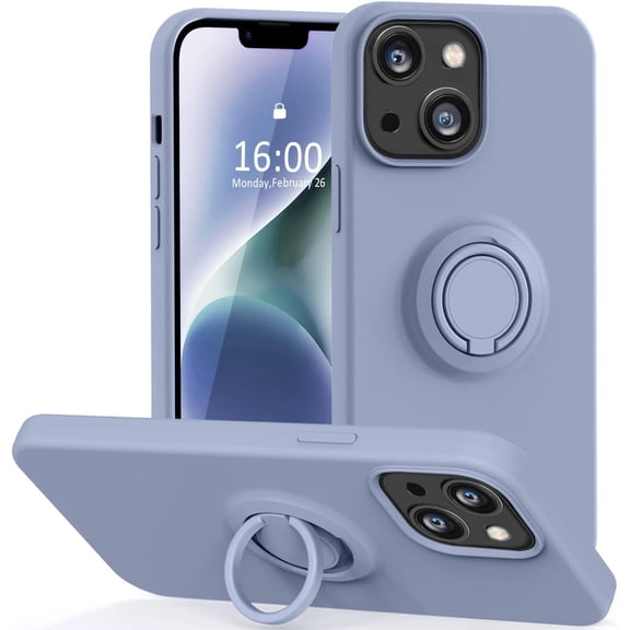 Compatible with iPhone 14 Case 6.1 inch, [Built-in 360° Rotatable Ring Holder][Anti-Scratch Soft Microfiber Lining] Liquid Silicone Shockproof Phone Case for iPhone 14 Women -Lavender Grey