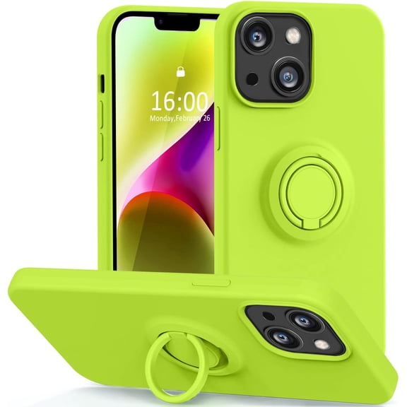 Compatible with iPhone 14 Case 6.1 inch,[Built-in 360° Rotatable Ring Holder][Anti-Scratch Soft Microfiber Lining] Liquid Silicone Shockproof Phone Case for iPhone 14 Men-Fluorescent Green