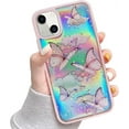 thumbnail image 1 of Compatible with iPhone 14 Case 6.1 inch Cute Iridescent Butterfly Design for Women Girls Laser Bling Glitter Stars Soft TPU Silicone Shockproof Phone Case Cover for iPhone 14, Pink, 1 of 14