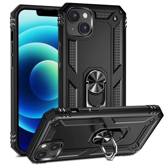 Compatible with iPhone 14 Case Built-in 360 Ring Holder Kickstand, Extreme Protection Military Armor Magnetic Car Dual Layer Protective Heavy Duty Phone Cover For iPhone 14,Black