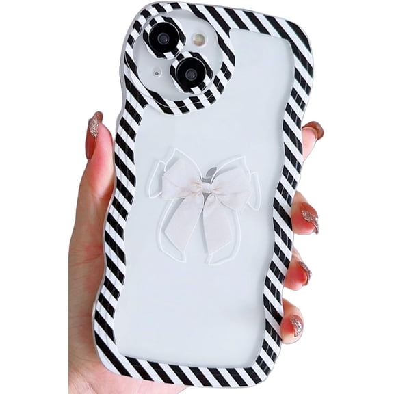 Compatible with iPhone 14 Case Clear with Bow Design for Women Girls,Aesthetic Cute Stripe Frame Wavy Soft Shockproof Cell Phone Cover for iPhone 14 6.1 Inch (Black)