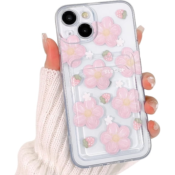 Compatible for iPhone 14 Case Clear with Card Holder, Cute Flower Phone Cover for Women Girl, Protective Soft TPU Shock-Absorbing Wallet Case for iPhone 14- Pink Strawberry