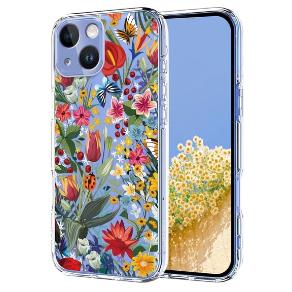 Compatible with iPhone 14 Case Clear with Flower Design, Cute Soft Silicone TPU Floral Aesthetic Women Girls Transparent Protective Shockproof Anti-Scratch Anti-Yellow Phone Cover, D
