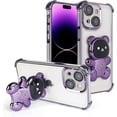 thumbnail image 1 of Compatible with iPhone 14 Case Cute 3D Bear Hidden Stand Kickstand Clear Phone Case with Camera Lens Protector 6D Plating Design Women Men Girly Shockproof Glitter Phone Cover, Purple, 1 of 12