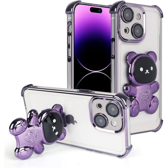 Compatible with iPhone 14 Case Cute 3D Bear Hidden Stand Kickstand Clear Phone Case with Camera Lens Protector 6D Plating Design Women Men Girly Shockproof Glitter Phone Cover, Purple