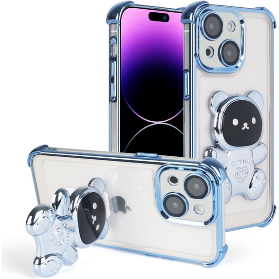 Compatible with iPhone 14 Case Cute 3D Bear Hidden Stand Kickstand Clear Phone Case with Camera Lens Protector 6D Plating Design Women Men Girly Shockproof Glitter Phone Cover, Blue