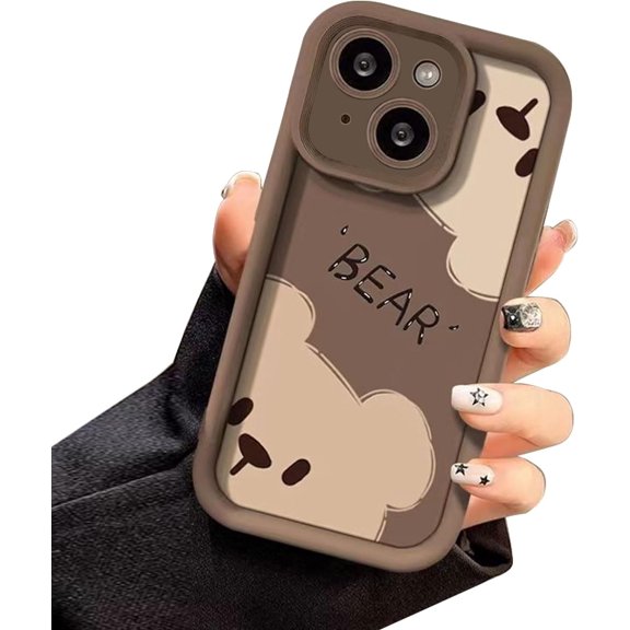 Compatible with iPhone 14 Case, Cute Bear Pattern Soft Gel Rubber TPU Case, Full Camera Protection & Edge Lips Strengthen Shockproof Cover for Women Men, Brown