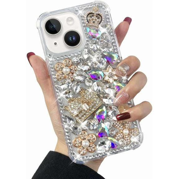 Compatible with iPhone 14 Case Cute Bling Glitter for Women Girls 3D Rhinestone Dimaond Crystal Girly Handmade Flower Gem Fashion Luxury Shiny Sparkle Phone Case for iPhone 14