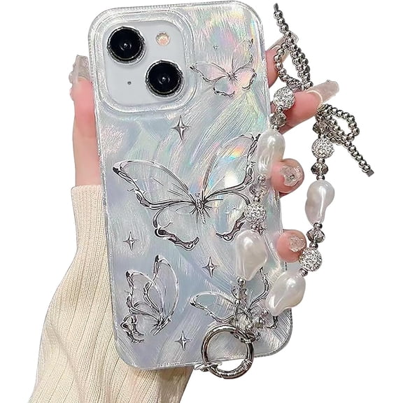 Compatible with iPhone 14 Case,Cute Butterfly Pattern Bling Glitter PC Hard Back with Pearly Wrist Strap Bracelet Chain for Women Girls Silicone Shockproof Case for iPhone 14