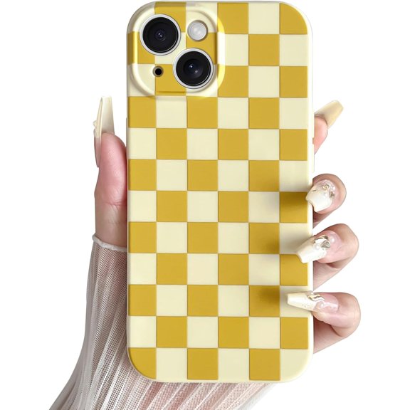 Compatible with iPhone 14 Case Cute Checkerboard Checkered Pattern Design Soft Slim TPU Phone Case Shockproof Full Camera Protection for Women Girls - Yellow