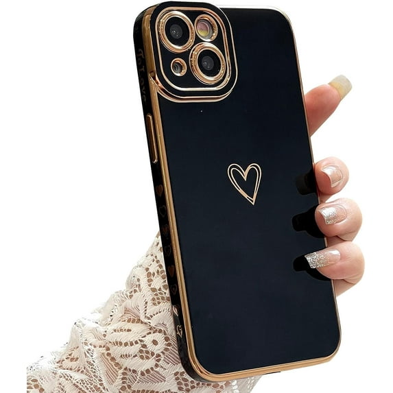 Compatible with iPhone 14 Case Cute, Luxury Plating Heart Phone Case, Electroplated Edge Bumper Case for Women Girls Soft TPU Shockproof Camera Protective Back Cover - Black
