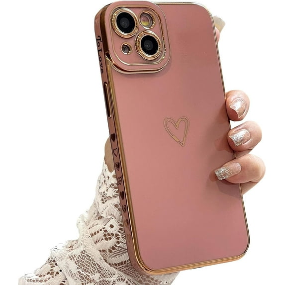 Compatible with iPhone 14 Case Cute, Luxury Plating Heart Phone Case, Electroplated Edge Bumper Case for Women Girls Soft TPU Shockproof Camera Protective Back Cover - Pink