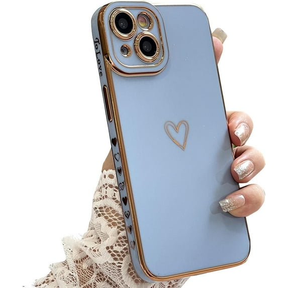 Compatible with iPhone 14 Case Cute, Luxury Plating Heart Phone Case, Electroplated Edge Bumper Case for Women Girls Soft TPU Shockproof Camera Protective Back Cover - Light Blue