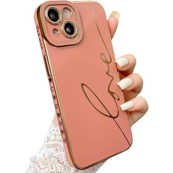 Compatible with iPhone 14 Case Cute, Luxury Plating Love Letter Phone Case, Electroplated Heart Case for Women Girls Soft TPU Shockproof Camera Protective Back Cover - Pink