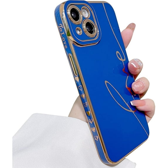 Compatible with iPhone 14 Case Cute, Luxury Plating Love Letter Phone Case, Electroplated Heart Case for Women Girls Soft TPU Shockproof Camera Protective Back Cover - Blue