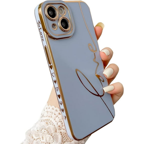 Compatible with iPhone 14 Case Cute, Luxury Plating Love Letter Phone Case, Electroplated Heart Case for Women Girls Soft TPU Shockproof Camera Protective Back Cover - Light Blue