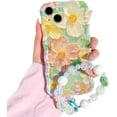 thumbnail image 1 of Compatible for iPhone 14 Case Cute Oil Flowers Floral Bracelet Cover with Lovely Flower Green Lanyard Wrist Strap for Women Girls, Soft TPU Cover for iPhone 14 - Green Oil Flowers, 1 of 13