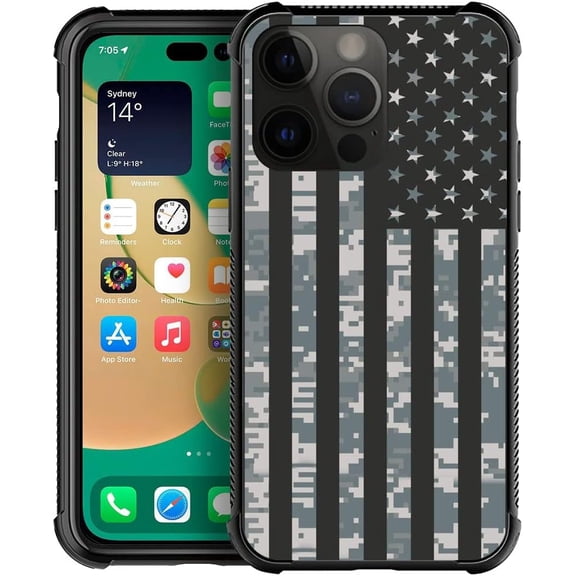 Compatible with iPhone 14 Case，Design Pattern Back Bumper Anti Scratch Reinforced Corners Soft TPU Caver, Cases for Men Women-Camouflage American Flag