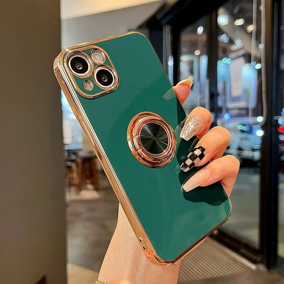 Compatible for iPhone 14 Case,Electroplated Anti-Scratch Cases with 360°Ring Holder Kickstand,Soft Flexible TPU Bumper Shockproof Case for iPhone 14 6.1 inch,Dark Green