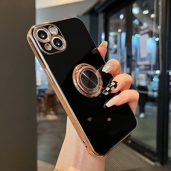 Compatible for iPhone 14 Case,Electroplated Anti-Scratch Cases with 360°Ring Holder Kickstand,Soft Flexible TPU Bumper Shockproof Case for iPhone 14 6.1 inch,Black
