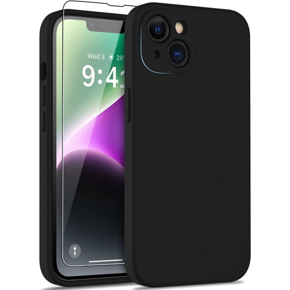 Compatible with iPhone 14 Case - Enhanced Camera Protection and Screen Protector - Soft Liquid Silicone Cover - Slim Fit Protective Phone Case 6.1" for Women Girls - Black