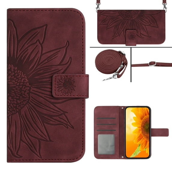 Compatible with iPhone 14 Case, Flower Embossed Wallet PU Leather Case with Card Holder Slots Protective Heavy Duty Folio Cover Crossbody Strap Case Cover for iPhone 14, Winered