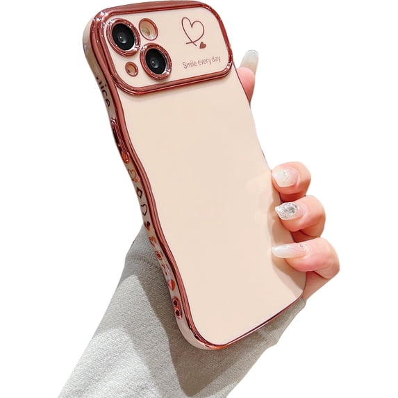 Compatible with iPhone 14 Case for Girls Women,Cute Curly Wavy Grip Design with Love Heart Pattern Case Plating Edge Full Camera Protection Soft Shockproof Phone Case for iPhone 14-Pink