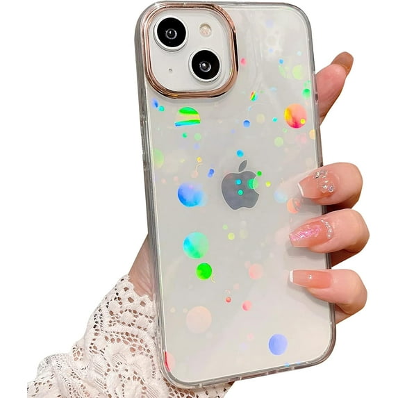 Compatible for iPhone 14 Case Laser Polka Dot Pattern, Cute Glitter Bling Rainbow Holographic Clear Case for Women Girls Soft TPU Shockproof Camera Protective Back Cover Case - Polka Dot