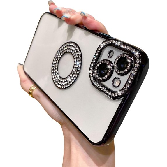 Compatible for iPhone 14 Case with Luxury Clear Plating Logo View Glitter Cute Diamond Sparkly Design Aesthetic Women Teen Girls Phone Cases Bling Camera Protective Cover-Black