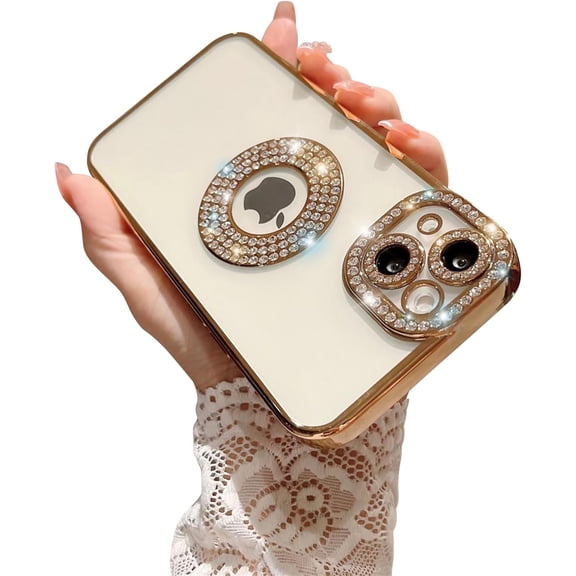 Compatible for iPhone 14 Case with Luxury Clear Plating Logo View Glitter Cute Diamond Sparkly Design Aesthetic Women Teen Girls Phone Cases Bling Camera Protective Cover-Gold