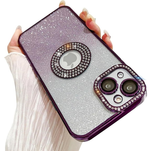 Compatible for iPhone 14 Case with Luxury Glitter Plating Cute Diamond Sparkly Design Aesthetic Women Teen Girls Phone Cases Shiny Bling Camera Protective Cover-Purple