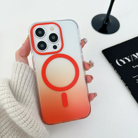 Compatible for iPhone 14 Case Support for Magsafe, Magnetic Gradient Case with Wireless Charger, Gradient Clear Back Shockproof Protection Phone Cover for Girls Women, Orange