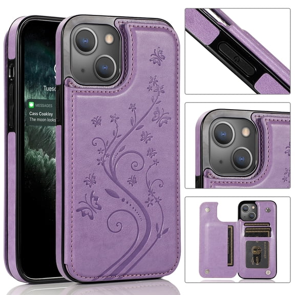 Compatible with iPhone 14 Case Wallet with Card Holder,Embossed Butterfly Pattern PU Leather Double Magnetic Buttons Flip Shockproof Protective Cover for iPhone 14 6.1 Inch, Purple