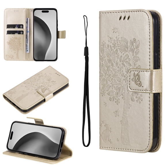 Compatible with iPhone 14 Case Wallet Case with Kickstand Credit Card Holder Slots Cute Cat Butterfly & Tree Embossed Premium PU Leather Protective Phone Case with Wrist Strap,Gold