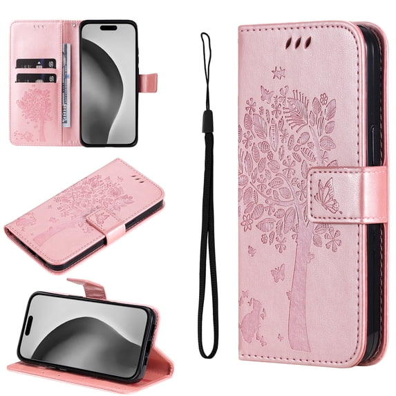 Compatible with iPhone 14 Case Wallet Case with Kickstand Credit Card Holder Slots Cute Cat Butterfly & Tree Embossed Premium PU Leather Protective Phone Case with Wrist Strap,Rosegold