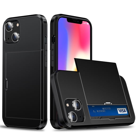 Compatible with iPhone 14 Case Wallet with Slide Card Holder Slot Slim Dual Layer Heavy Duty Shockproof Hard PC Hybrid TPU Phone Case Flip Protective Cover for iPhone 14 - 6.1", Black