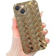 thumbnail image 1 of Compatible with iPhone 14 Case for Women 3D Luxury Woven Grid Pattern Desgin Plating Phone Case Camera Protection Shockproof Phone Case for iPhone 14 6.1" - Gold, 1 of 14