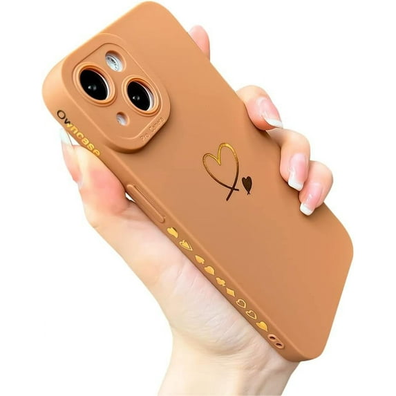 Compatible with iPhone 14 Case for Women, Cute Plated Love Heart with Full Camera Lens Protection Soft TPU Slim Shockproof Phone Case for iPhone 14 6.1 Inch - Brown
