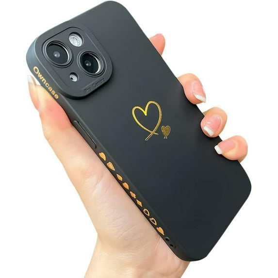 Compatible with iPhone 14 Case for Women, Cute Plated Love Heart with Full Camera Lens Protection Soft TPU Slim Shockproof Phone Case for iPhone 14 6.1 Inch - Black