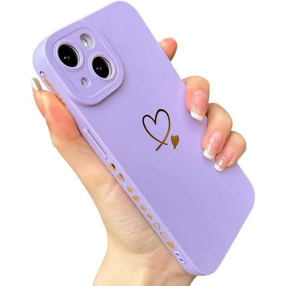 Compatible with iPhone 14 Case for Women, Cute Plated Love Heart with Full Camera Lens Protection Soft TPU Slim Shockproof Phone Case for iPhone 14 6.1 Inch - Purple