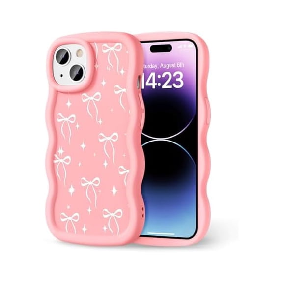 Compatible with iPhone 14 Case for Women Girls, Curly Wavy Frame with Cute Pattern, Aesthetic Slim Soft Silicone TPU Bumper Shockproof Phone Case for iPhone 14 - Bowknot Star