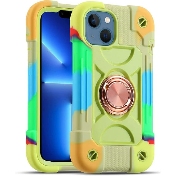 Compatible with iPhone 14 Case/iPhone 13 Case 6.1 Inch with Built-in 360°Rotating Ring Stand, Military Grade Drop Protection Full Body Rugged Heavy Duty Protective Cover. (Rainbow Green)