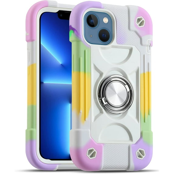Compatible with iPhone 14 Case/iPhone 13 Case 6.1 Inch with Built-in 360°Rotating Ring Stand, Military Grade Drop Protection Full Body Rugged Heavy Duty Protective Cover. (Rainbow White)