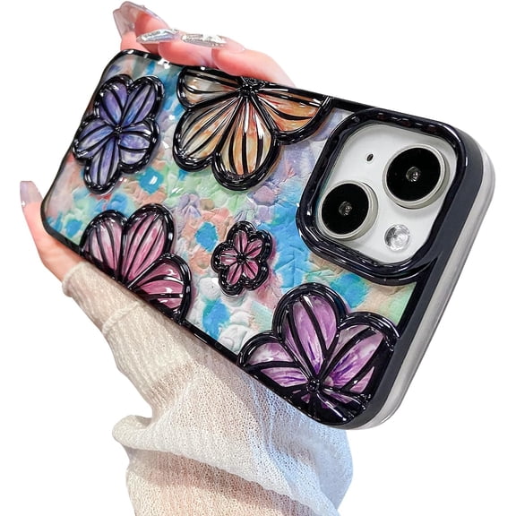 Compatible with iPhone 14 Case iPhone 13 Case,Luxury Plating Bling Cute Colorful Flower Pattern Soft TPU Shockproof Women Girls Aesthetic Phone Case for iPhone 14/13 -Black