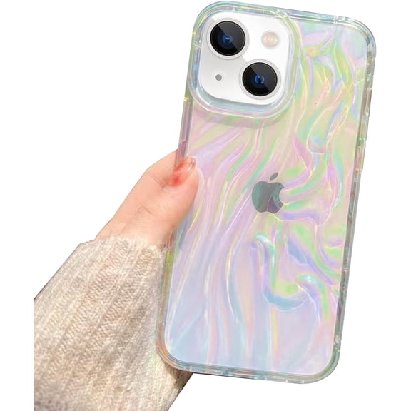 Compatible with iPhone 14 Clear Laser Case Hologram Fluorescent Bling Glossy 3D Pleats Design Protection Fashion Soft TPU Shockproof Protection Cover for Women Girls