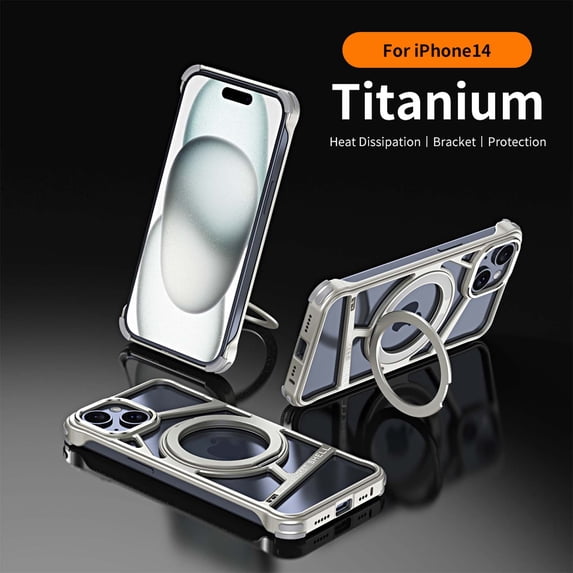 Compatible With iPhone 14 Frameless Phone Case,With Magnetic 360°Rotatable Ring Kickstand,Shockproof Anti-fall Metal Frameless Heat Dissipation Ultra Slim Rugged Phone Case,Gray